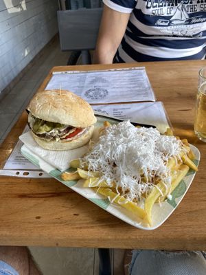 Cheeseburger with fries and vegan feta  at Vegan 365 Kitchen in Skopje
