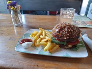 Veggie burger and fries at Vegan 365 Kitchen in Skopje