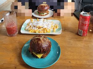 Veggieburger, Cheeseburger and Fries with feta cheese at Vegan 365 Kitchen in Skopje