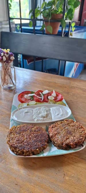 Two patties salad at Vegan 365 Kitchen in Skopje