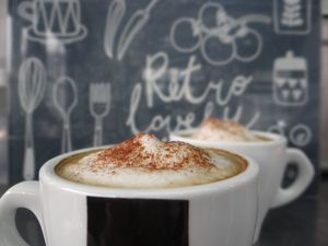 Macchiato with organic soy vanilla milk at Vegan 365 Kitchen in Skopje