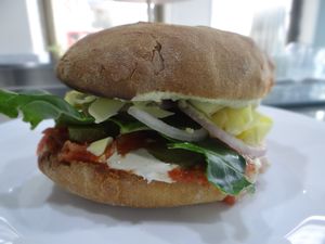 Cold sandwich with vegan cheese at Vegan 365 Kitchen in Skopje