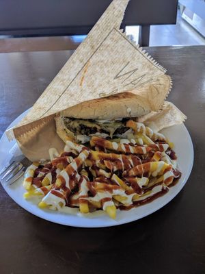 burger and fries at Vegan 365 Kitchen in Skopje