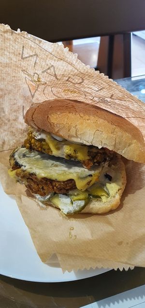 Double Cheese Burger with Falafel Patties at Vegan 365 Kitchen in Skopje