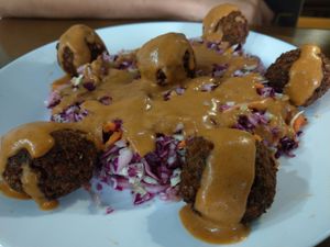 Meze - falafel & fresh made coleslaw at Vegan 365 Kitchen in Skopje