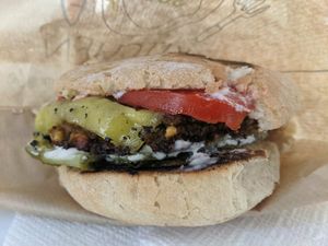 Excellent burger. The pickles and mayo hit the spot. at Vegan 365 Kitchen in Skopje