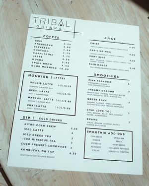 Drink Menu at Tribal All Day Cafe in Dallas