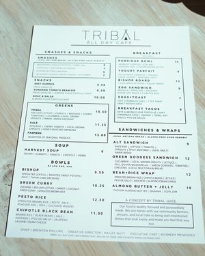 Food Menu at Tribal All Day Cafe in Dallas