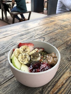 Oatmeal with almond better and cherry jam at Tribal All Day Cafe in Dallas