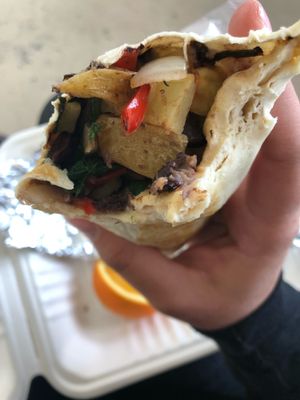 veggie burrito, no eggs, extra potatoes at Looney Bean in Bishop