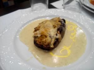 Stuffed eggplant in an olive sauce. at Garibolo in Bilbao