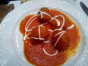 Vegetable ‘meatballs’ in a tomato sauce. at Garibolo in Bilbao