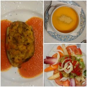 Stuffed aubergine, creamy carrot soup and escalivada salad at Garibolo in Bilbao