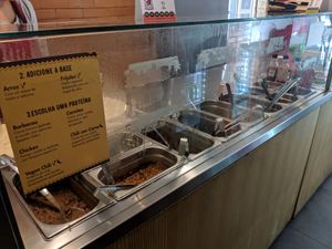 Counter with vegan labels at Oak's Burritos in Rio De Janeiro