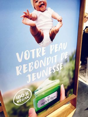 Vegan products in store and well signed  at The Body Shop - Rivoli in Paris