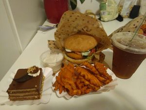 Vianna burger, sweet fries, mandel nougat traum, garlic dip at Swing Kitchen - Währinger Straße in Vienna