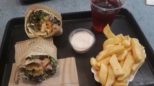 Kitchen wrap, french fries, garlic dip and raspberry soda at Swing Kitchen - Währinger Straße in Vienna