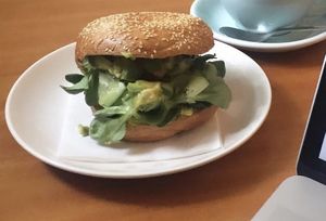 Bagel with vegan egg salad at Jaskolka in Warsaw