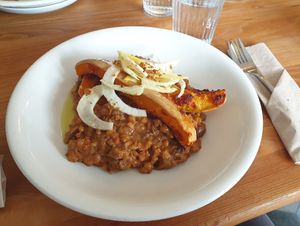 Mushroom risotto with roasted pumpkin at Jaskolka in Warsaw