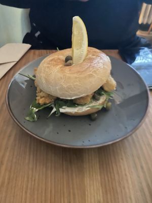 Bagel with vegan calamares  at Jaskolka in Warsaw