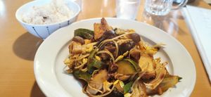 Tofu with rice and vegetables at Monpan Shokudo in Kyoto