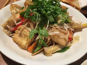 Vegetables over deep fried noodles  at Monpan Shokudo in Kyoto