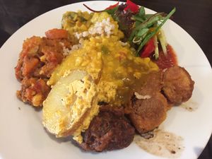 Koftas, Pakoras, Vegetable Curry, Potato Gratin, Daal, Rice & Salad. All Vegan. at Govindas - Surfers Paradise in Surfers Paradise