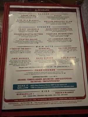 The menu — seems like every V option can be made vegan   at Zenbarn in Waterbury Center