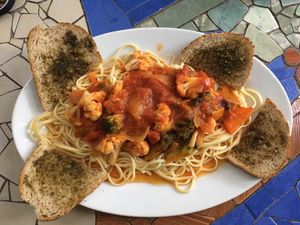 pasta primavera at Flutterby House in Uvita