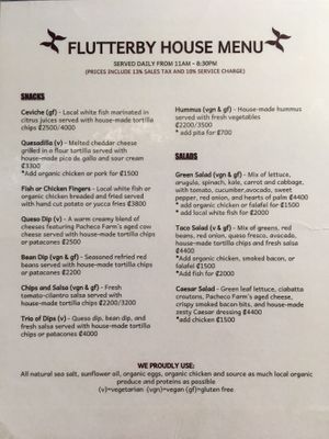 menu  at Flutterby House in Uvita