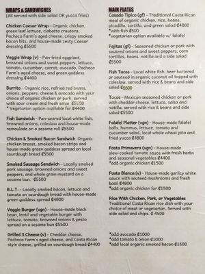 menu at Flutterby House in Uvita