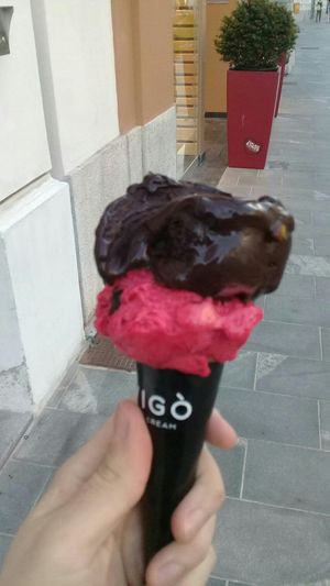 Orange chocolate and raspberry at Vigo Ice Cream in Ljubljana