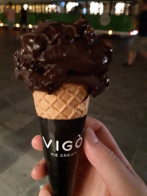 Dark chocolate with orange and chocolate sauce on top at Vigo Ice Cream in Ljubljana