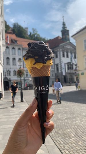 Choc sorbet with mango sorbet at Vigo Ice Cream in Ljubljana