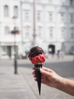 Dark chocolate and raspberry sorbet at Vigo Ice Cream in Ljubljana