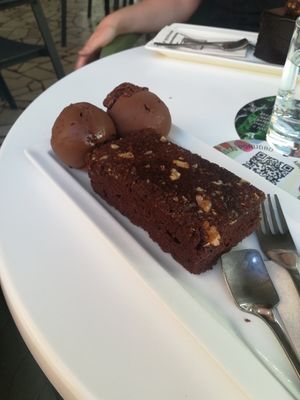Vegan brownie with chocolate ice cream at Kavarna Triglav in Koper