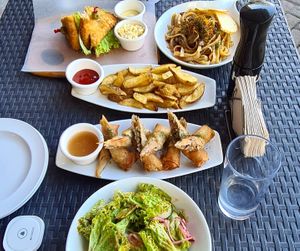 fried tofu sandwich, mushroom pasta, fries, fried spring rolls, salad at 1925 Gastropub in Olongapo City
