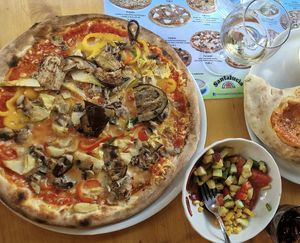 Vegan Vegetable pizza & salad from the buffet!  at Pizzeria Santalucia in Portoroz