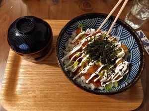 Tofu teriyaki mayo donburi & miso soup (hiding in the cute lil' pot) at Ippuku Tea House in York