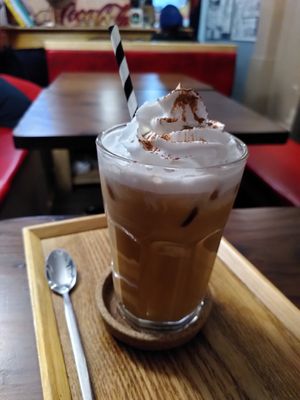 Iced decaf coffee with vegan whipped cream (May 2022) at Ippuku Tea House in York