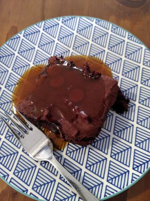 Brownie with miso caramel sauce on top (August 2022) at Ippuku Tea House in York