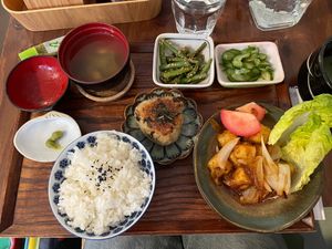 Shougayaki Teishouku Tofu Set with Garlic Miso Mushroom Yaki Onigiri at Ippuku Tea House in York