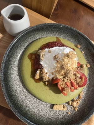 Pancake with matcha and deconstructed strawberry cheesecake   at Ippuku Tea House in York