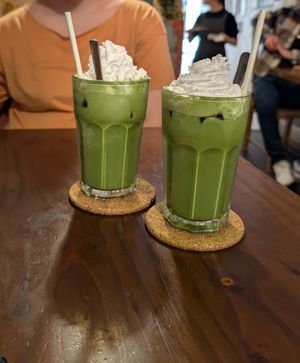 iced matcha lattes with dairy free whipped cream & oat milk at Ippuku Tea House in York