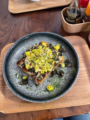 Miso butter mushrooms with scrambled tofu on toast at Ippuku Tea House in York