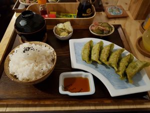 Gyoza set with pickle and miso soup at Ippuku Tea House in York