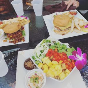 Sloppy Joe, Pineapple Beyond Burger, Tofu Poke Bowl at The Tilted Tiki in Stillwater