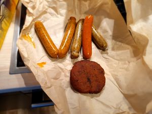 Paprika, pea and classic seitan sausages. The patty is made out of seitan as well. at Die Vetzgerei in Berlin
