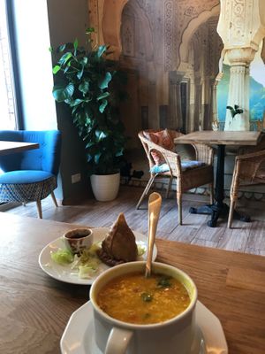 Really really tasty dal and samosas :) at Bhajan Cafe in Krakow