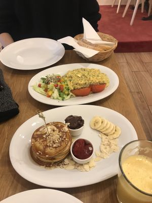 Great vegan breakfast options: tofu scramble with bread and salad and vegan pancakes!  at Bhajan Cafe in Krakow